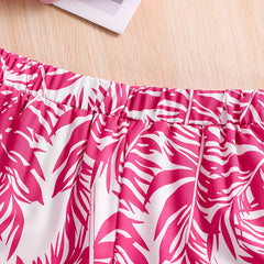 Girls Pink Ribbed Sleeveless Crop Top & Tropical Leaf Print Pants Set