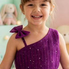 Girls Purple One-Shoulder Party Dress with Glitter Tulle & Crystal Belt