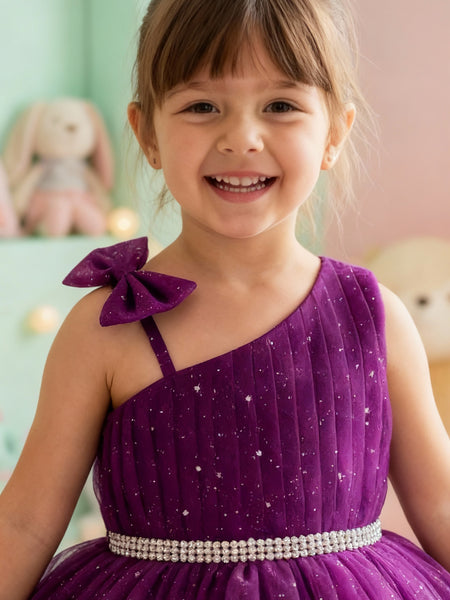 Girls Purple One-Shoulder Party Dress with Glitter Tulle & Crystal Belt
