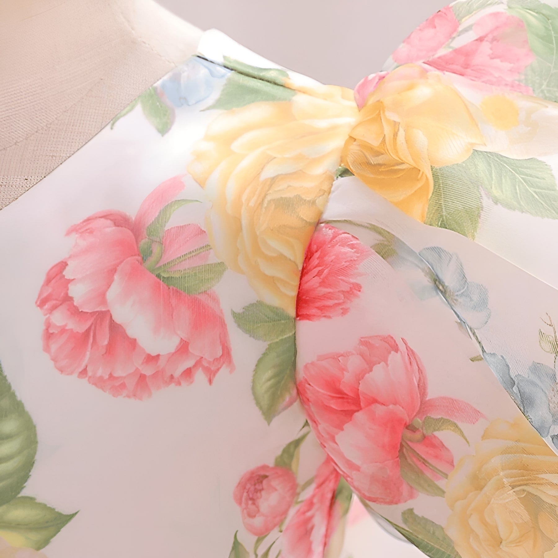 Yellow And White Floral Print Puff Sleeve Baby Frock