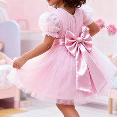 Girls Baby Pink Puff-Sleeve Tulle Party Dress with Satin Waistband