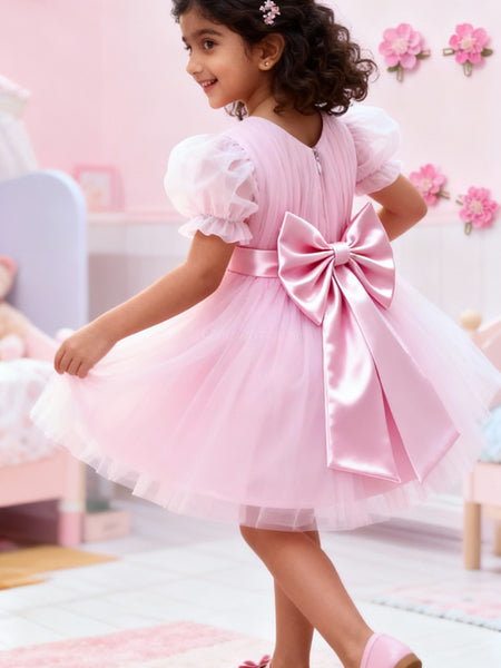 Girls Baby Pink Puff-Sleeve Tulle Party Dress with Satin Waistband