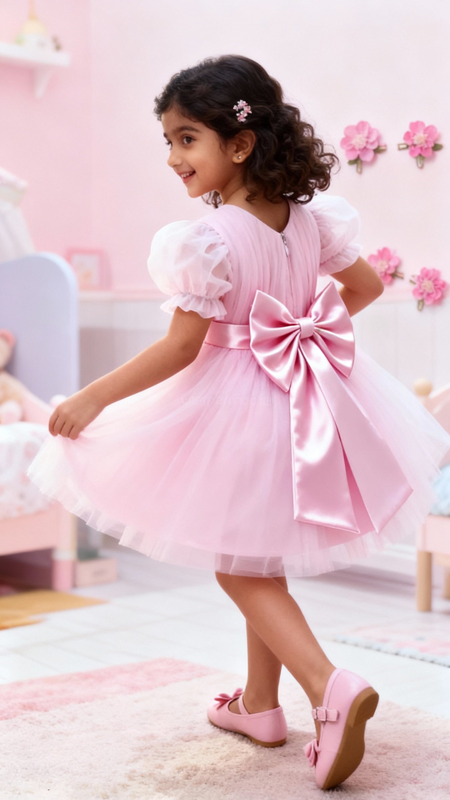 Girls Baby Pink Puff-Sleeve Tulle Party Dress with Satin Waistband