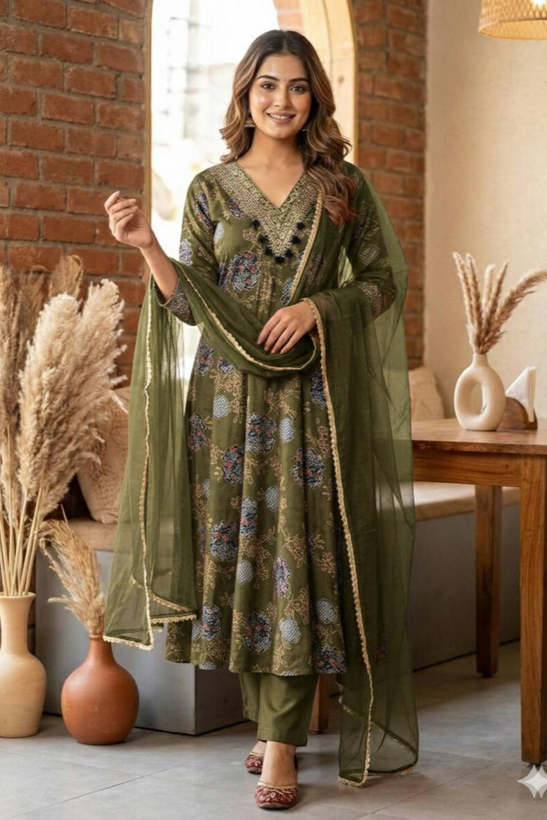 Olive Green Printed Anarkali Kurta Set with Dupatta for Women