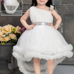 Girls White High-Low Party Wear Frock