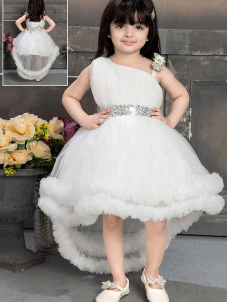 Girls White High-Low Party Wear Frock