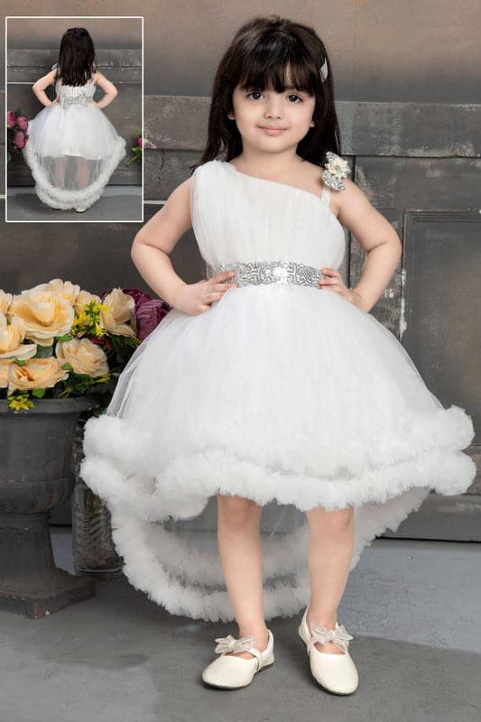 Girls White High-Low Party Wear Frock