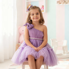 Girls Lavender One-Shoulder Party Dress with Bow & Pearl Waist Belt