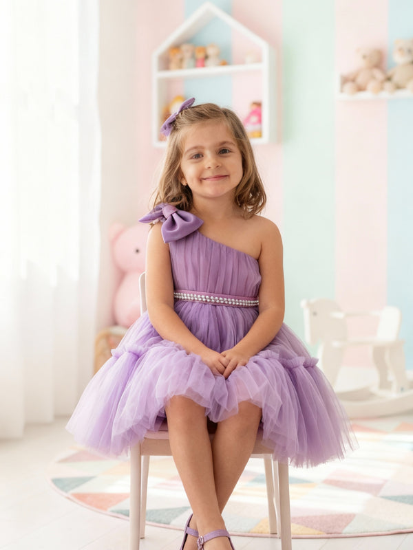 Girls Lavender One-Shoulder Party Dress with Bow & Pearl Waist Belt