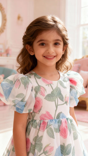 Blue And White Floral Print Puff Sleeve Baby Frock