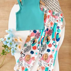 Girls Teal Ribbed Sleeveless Crop Top & Multicolor Printed Pants Set