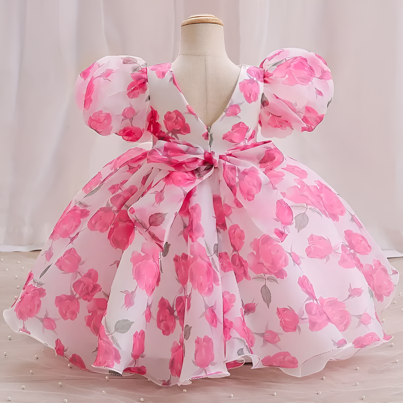 Pink And White Floral Print Puff Sleeve Baby Frock