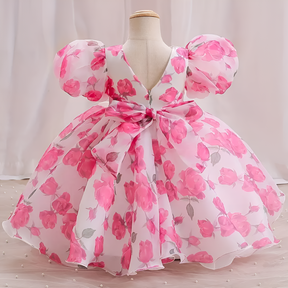 Pink And White Floral Print Puff Sleeve Baby Frock