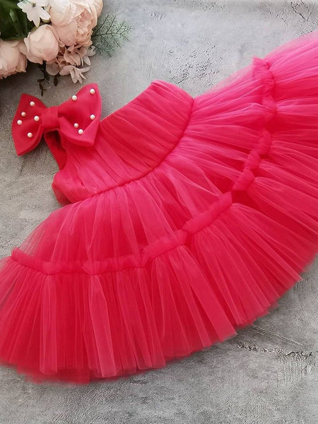 Princess Hot Pink Net Frock with Pearl-Studded Bow
