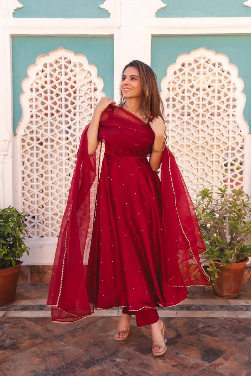 Red Anarkali Kurta Set with Organza Dupatta