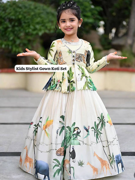 Premium Kids Printed Gown with Koti Set for Girls