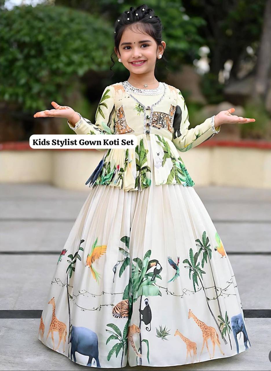 Premium Kids Printed Gown with Koti Set for Girls