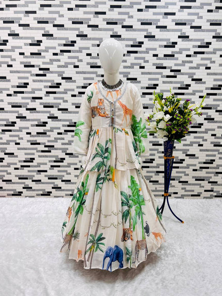 Premium Kids Printed Gown with Koti Set for Girls