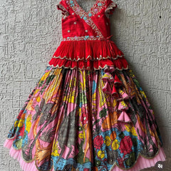Girls Premium Handcrafted Red Embroidered Top & Multicolour Printed Lehenga