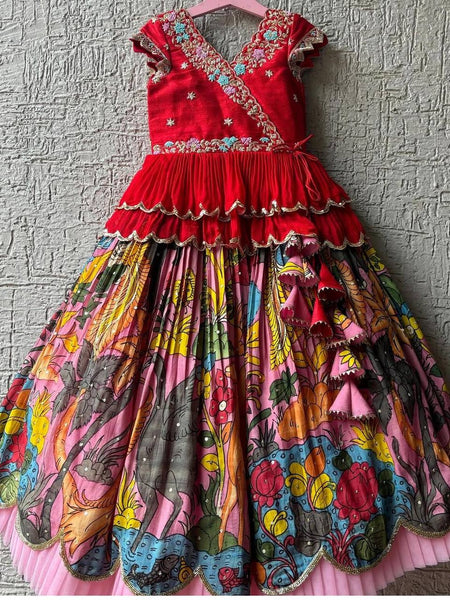 Girls Premium Handcrafted Red Embroidered Top & Multicolour Printed Lehenga