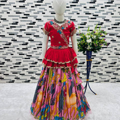 Girls Premium Handcrafted Red Embroidered Top & Multicolour Printed Lehenga