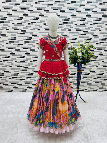 Girls Premium Handcrafted Red Embroidered Top & Multicolour Printed Lehenga