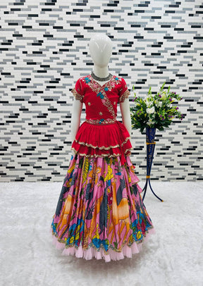 Girls Premium Handcrafted Red Embroidered Top & Multicolour Printed Lehenga