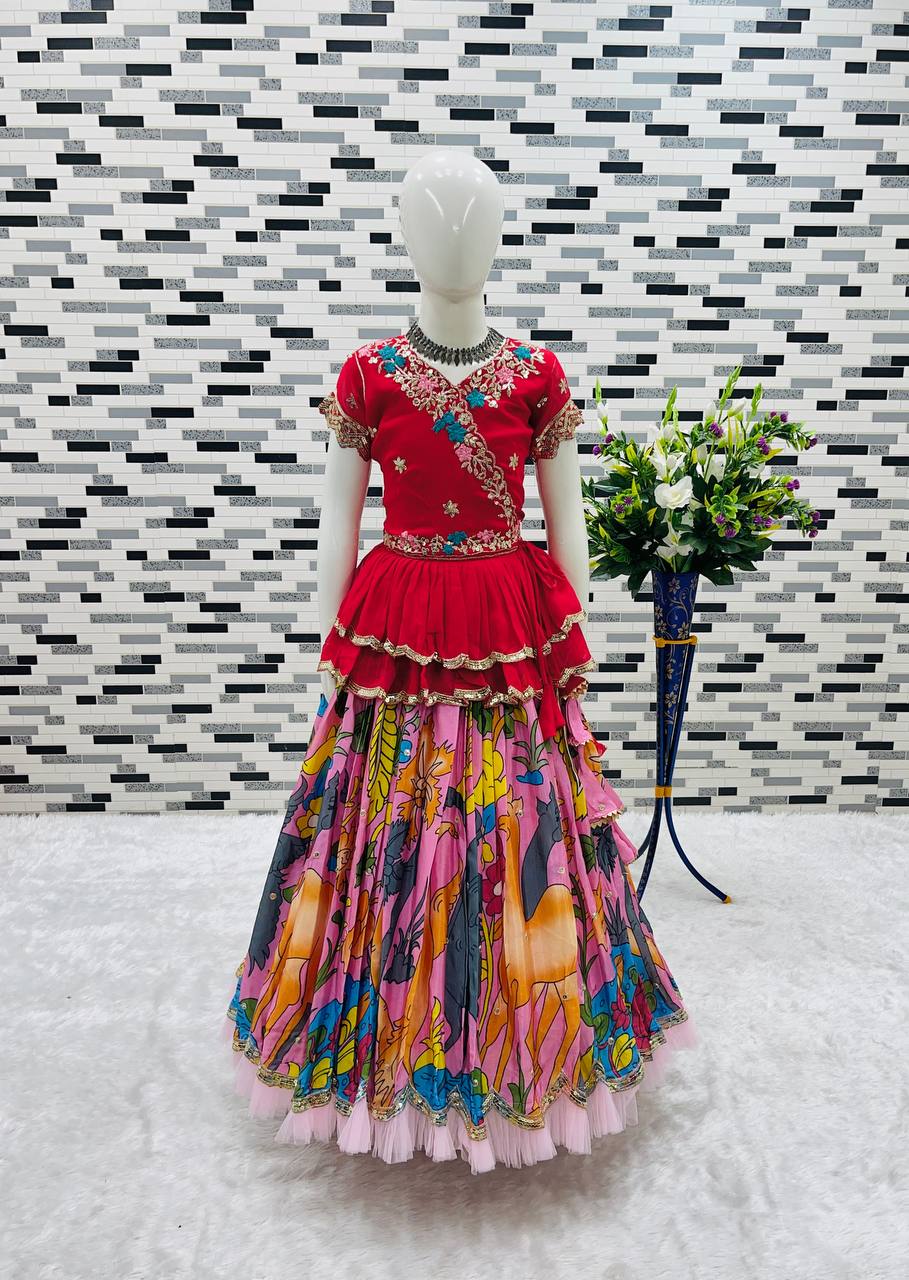 Girls Premium Handcrafted Red Embroidered Top & Multicolour Printed Lehenga