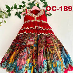 Girls Red Embroidered Sleeveless Top & Multicolour Traditional Print Lehenga