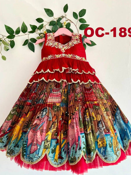 Girls Red Embroidered Sleeveless Top & Multicolour Traditional Print Lehenga