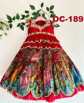 Girls Red Embroidered Sleeveless Top & Multicolour Traditional Print Lehenga