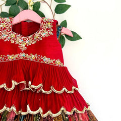 Girls Red Embroidered Sleeveless Top & Multicolour Traditional Print Lehenga