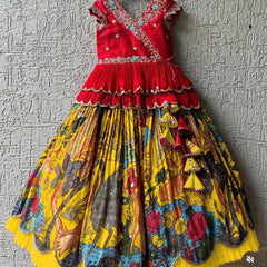 Girls Red Embroidered Top with Yellow Multicolour Artistic Print Lehenga