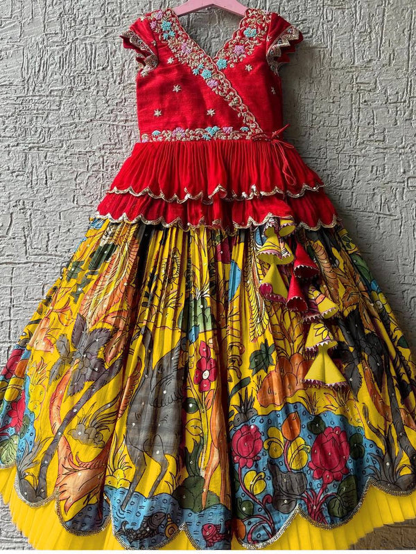 Girls Red Embroidered Top with Yellow Multicolour Artistic Print Lehenga