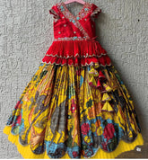 Girls Red Embroidered Top with Yellow Multicolour Artistic Print Lehenga