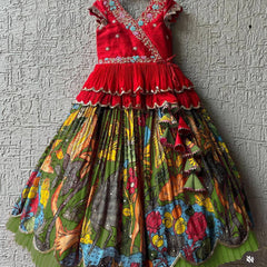 Girls Red Embroidered Top with Green Multicolour Artistic Print Lehenga