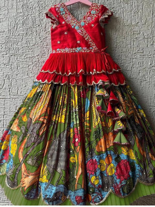 Girls Red Embroidered Top with Green Multicolour Artistic Print Lehenga