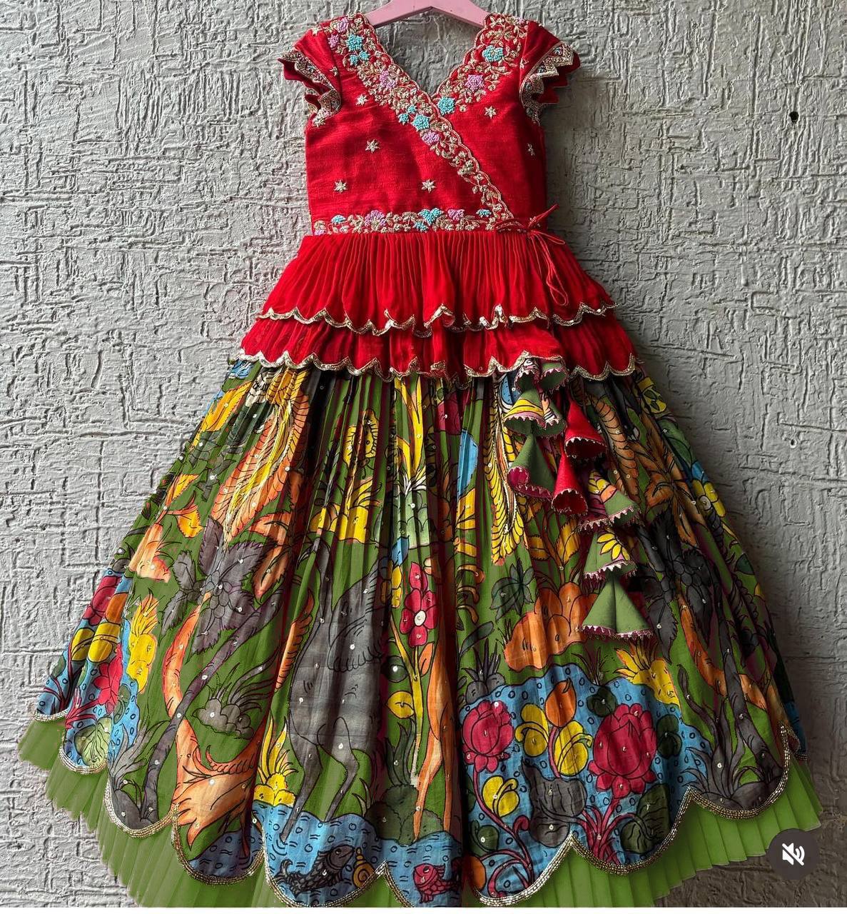 Girls Red Embroidered Top with Green Multicolour Artistic Print Lehenga