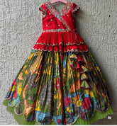 Girls Red Embroidered Top with Green Multicolour Artistic Print Lehenga