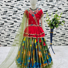 Girls Red Embroidered Top with Green Multicolour Artistic Print Lehenga