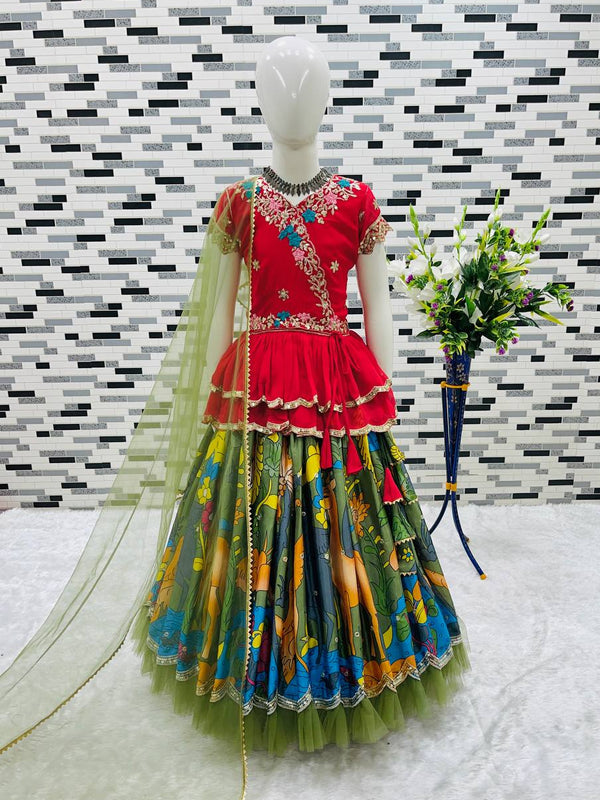 Girls Red Embroidered Top with Green Multicolour Artistic Print Lehenga