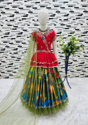 Girls Red Embroidered Top with Green Multicolour Artistic Print Lehenga