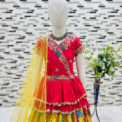 Girls Red Embroidered Top with Yellow Multicolour Artistic Print Lehenga