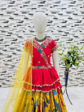 Girls Red Embroidered Top with Yellow Multicolour Artistic Print Lehenga