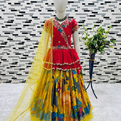 Girls Red Embroidered Top with Yellow Multicolour Artistic Print Lehenga