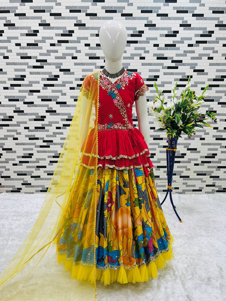 Girls Red Embroidered Top with Yellow Multicolour Artistic Print Lehenga