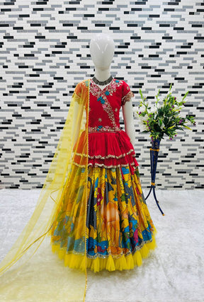 Girls Red Embroidered Top with Yellow Multicolour Artistic Print Lehenga