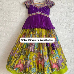 Girls Purple Embroidered Top with Lime Green Multicolour Traditional Print Lehenga