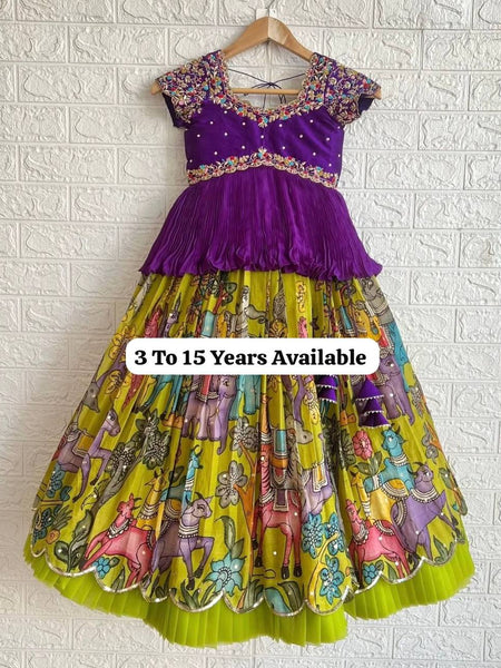 Girls Purple Embroidered Top with Lime Green Multicolour Traditional Print Lehenga