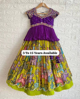 Girls Purple Embroidered Top with Lime Green Multicolour Traditional Print Lehenga